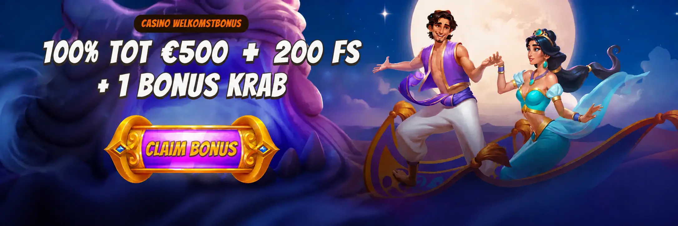 Banner del bono de bienvenida de Abuking: 100% hasta 500 € más 200 tiradas gratis y un Bonus Crab