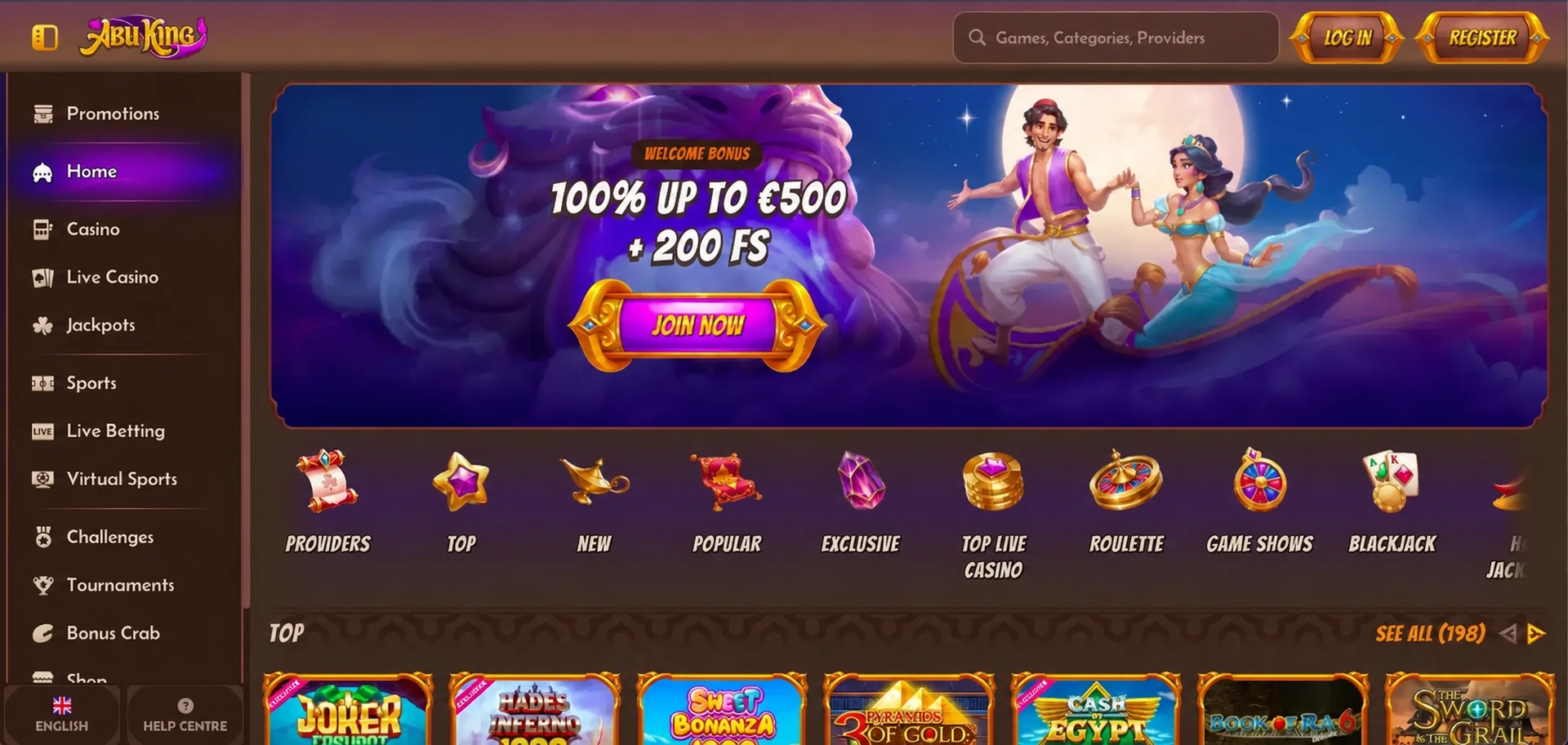 Página de inicio de Abuking Casino con el banner del bono de bienvenida y el catálogo de juegos