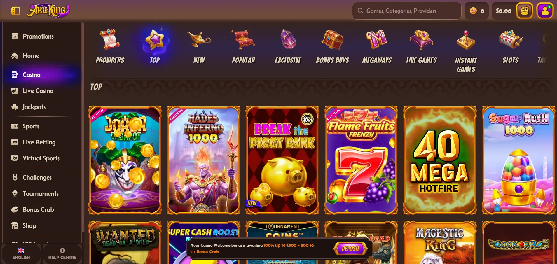 Lobby de tragaperras de Abuking con categorías Top, Nuevos, Populares y compra de bonus