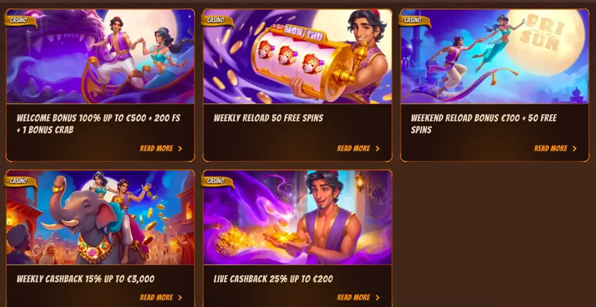 Página de promociones de Abuking con recarga semanal, cashback y Bonus Crab